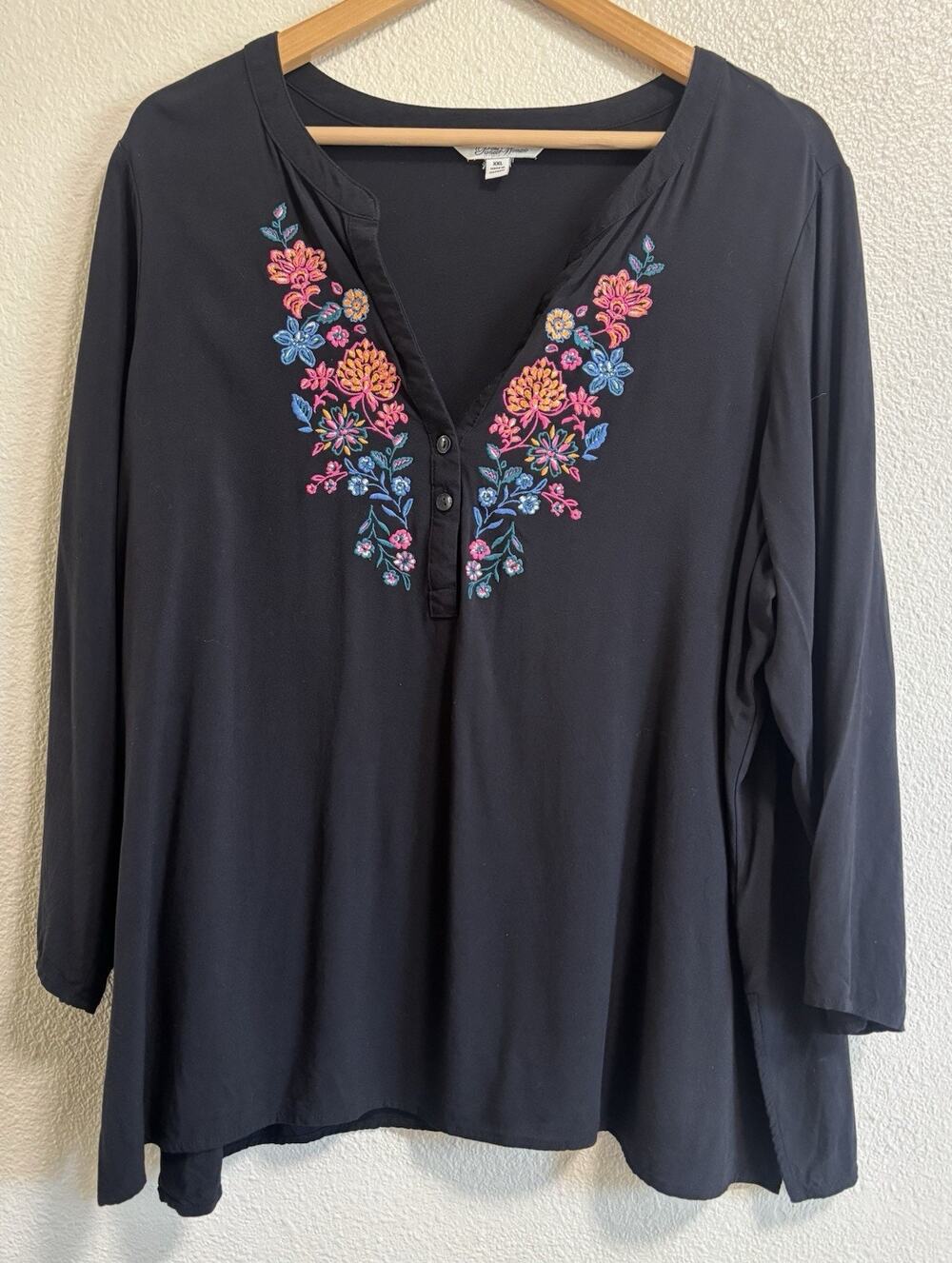 The Pioneer Woman Black Embroidered Floral Blouse 3/4 Length Sleeves Size XXL